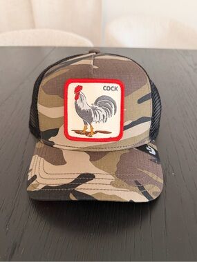 Goorin Bros Camo Trucker Hat with Red-Rim Rooster Patch